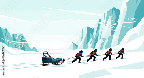 Illustration of explorers pulling a sled through arctic landscape with icy mountains and strong winds indicating harsh environment
