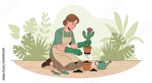 Illustration of a woman gardening, transplanting a flowering cactus at home with love