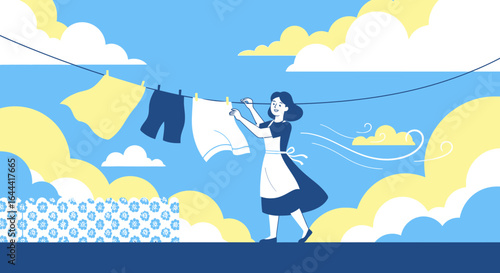 Illustration of a woman hanging laundry on a clothesline on a sunny day vector