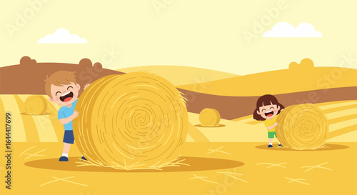 Illustration of happy children playing in a golden field with hay bales near farm