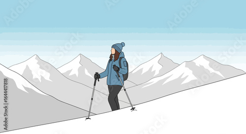 Illustration of a woman hiking in a snowy mountain landscape on a bright day