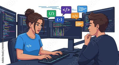 Illustration of software developers working together, coding and problem solving