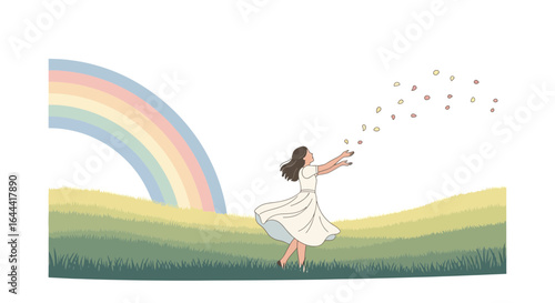 Illustration of a woman in a white dress tossing petals in a meadow with a rainbow expressing freedom and joy