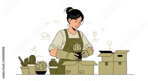 Illustration of a woman packing cacti into boxes for moving or shipping plants with care for home relocation and gardening hobby