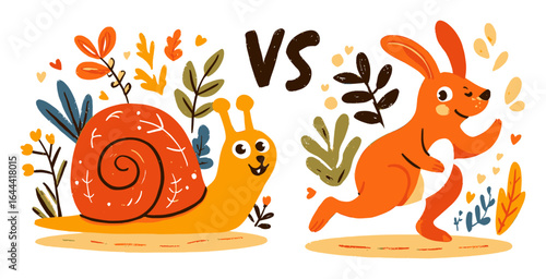 Fun Cartoon Snail and Rabbit Compete in Nature with Colorful Plants
