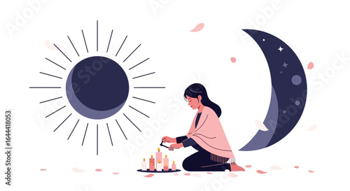 Illustration of woman meditating in front of the sun and moon aligning energy and finding inner peace