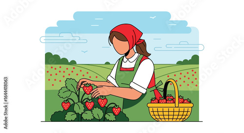 Illustration of a woman picking strawberries in a field with a basket full of fresh fruit offering idyllic countryside charm