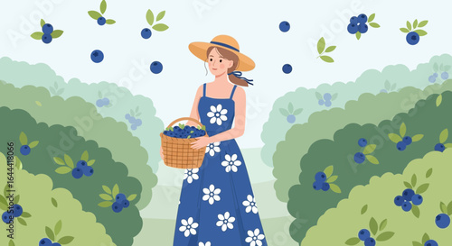 Illustration of a woman picking blueberries in a garden on a summer day