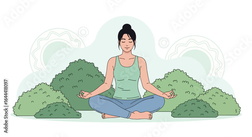 Illustration of woman meditating outdoors amidst lush greenery for mindful practice