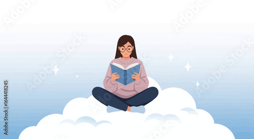 Illustration of a woman reading a book while sitting cross-legged on a cloud with stars