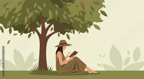 Illustration of a woman reading under a tree providing shade and relaxation in nature