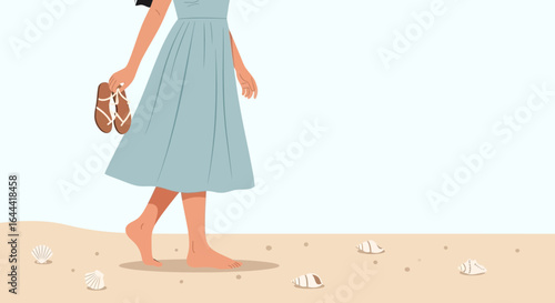 Illustration of a woman strolling barefoot on a sandy beach holding sandals