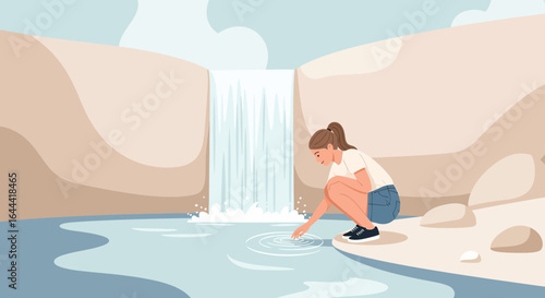 Illustration of a woman touching the water at the base of a waterfall during a serene natural environment at daylight