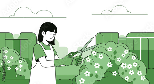Illustration of a woman trimming a flowering bush in a garden setting with tools
