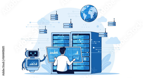 Illustration showcasing a server room with a network engineer and a robot for automation and management of data