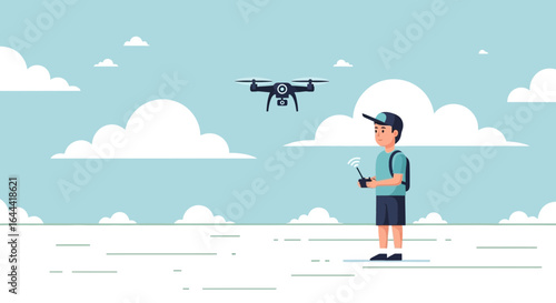 Illustration showcasing a young man operating a drone under a cloudy sky in a flat design style