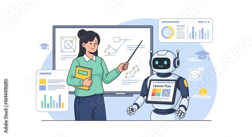 Illustration showcasing AI integration in education with a teacher and a robot for collaborative learning