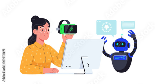 Illustration of a woman with VR headset interacting with an AI robot friend demonstrating tech innovation