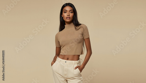 A woman modeling a taupe cropped turtleneck top and cream-colored pants against a neutral backdrop.