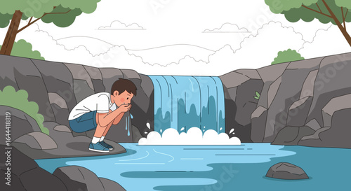 Illustration of a young boy drinking water from a waterfall in a natural setting with lush vegetation and rocks