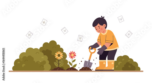 Illustration of a young boy gardening with shovel planting flower seedlings in garden outdoors cheerfully creating natural harmony