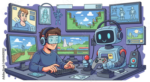 Illustration showing a boy and robot gaming together in a room full of screens