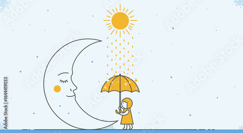 Illustration with smiling moon, sun raining on girl with umbrella in starry sky