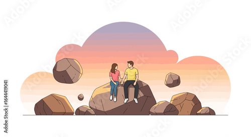 Illustration of a young couple sitting on a rock at sunset in a dreamy landscape