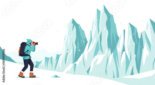 Illustrative adventure scene with photographer capturing snowy mountain peaks