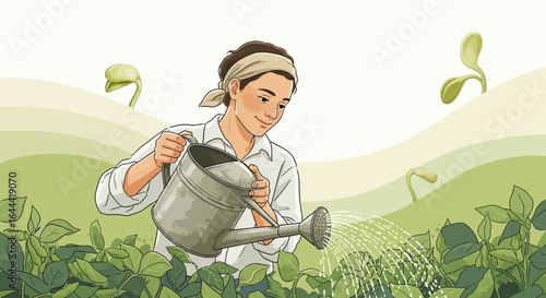 Illustration of a Young Farmer Watering Plants with a Watering Can in a Field Happy Farm