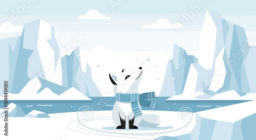 Illustrative arctic fox in a wintry landscape amidst icy mountains and snowy plains
