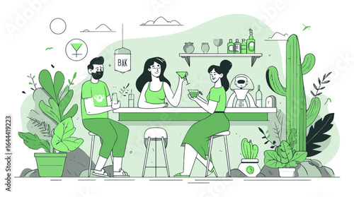 Social Gathering in a Green Themed Bar with Drinks and Friends