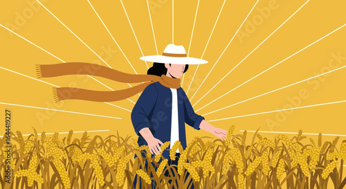 Illustrative artwork showcases a farmer in a wheat field harvesting during sunset with sun rays creating a scenic background