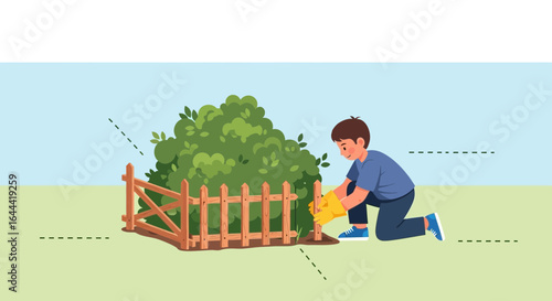Illustration of a young man constructing a wooden fence around a bush outdoors with a light blue sky