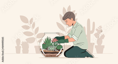 Illustration of a young man creating a terrarium with succulents and cacti inside a glass jar showing the layers of soil and rocks