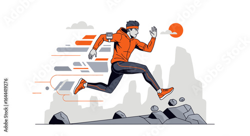 Illustrative athletic man runs uphill against scenic mountain backdrop and rising sun