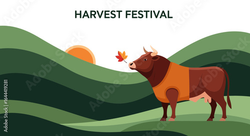 Illustrative autumn harvest festival background with bull and nature scenery vector art