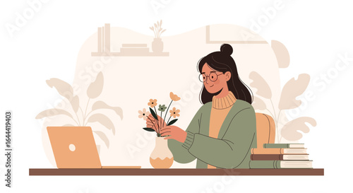 Illustration of a young woman arranging flowers on her desk at home with laptop