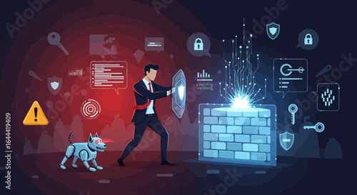 Illustrative cybersecurity concept showcasing a businessman protecting data with a shield against digital threats