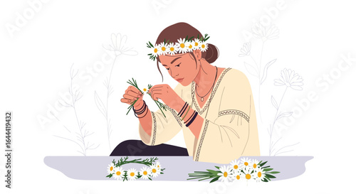 Illustration of a young woman crafting a flower crown with daisies in a serene and peaceful setting with minimalist details