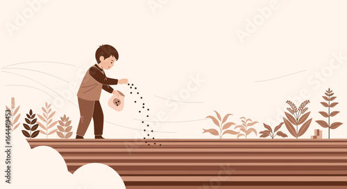 Illustrative depiction of a boy sowing seeds in a field with warm earth tones conveying growth