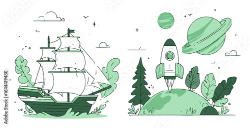 Ship and Rocket Cartoon Illustration in Green Tones for Adventure Themes