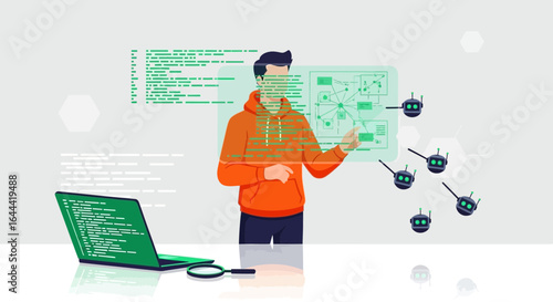 Illustrative depiction of a coder managing AI network analysis for security and future tech