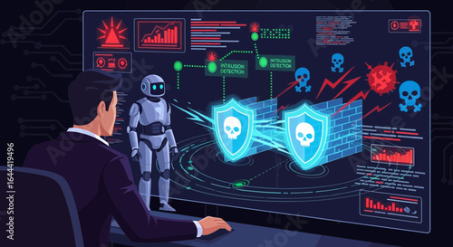 Illustrative depiction of a cybersecurity expert analyzing threats with AI assistance on a screen for advanced threat management