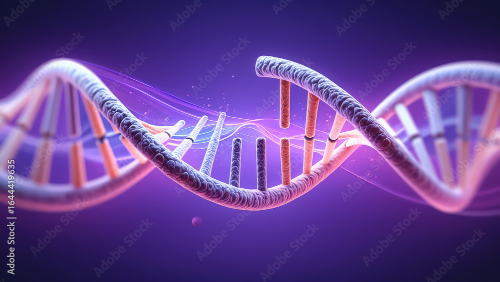 Obraz premium A Visually Stunning Representation of a DNA Double Helix in Purple Tones, Showcasing the Complex Interplay of Genetic Information and the Building Blocks of Heredity