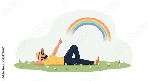 Illustrative depiction of a man lying on grass, gazing at a vibrant rainbow in the sky, embodying tranquility and wonder with simple design
