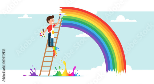Illustrative depiction of a painter creating a vibrant rainbow in a cheerful sky, symbolizing creativity and optimism