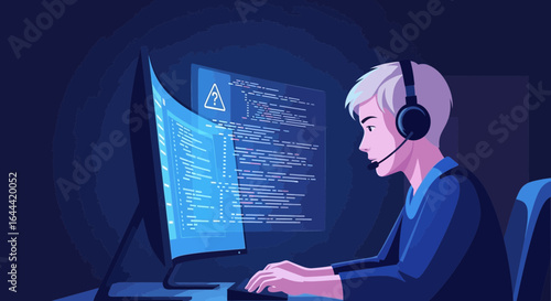 Illustrative depiction of a programmer working on code at night on a computer