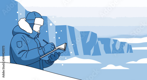Illustrative depiction of a researcher documenting observations in arctic conditions during winter