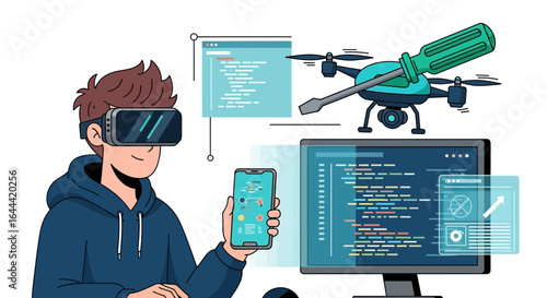 Illustrative depiction of a tech enthusiast immersed in virtual reality and coding environments